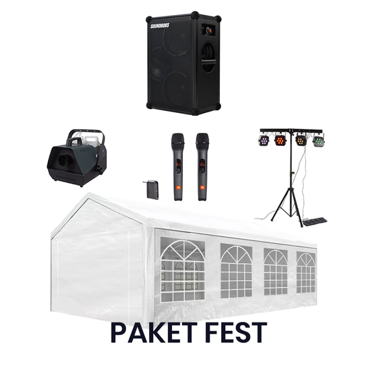 Paket Fest. Ett festpaket med partytält 4x8, rökmaskin, partylampor, mikrofon och högtalare. Bild på hela paketet.