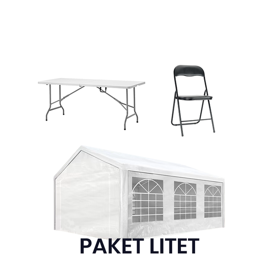 Paket Litet. Ett litet paket med partytält 3x6, klappbord och klappstolar. Bild på hela paketet.