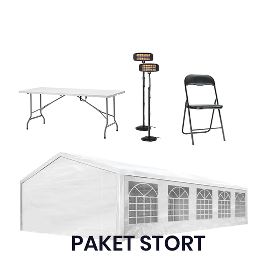 Paket Stort. Ett stort paket med partytält 5x10, klappbord och klappstolar. Bild på hela paketet.