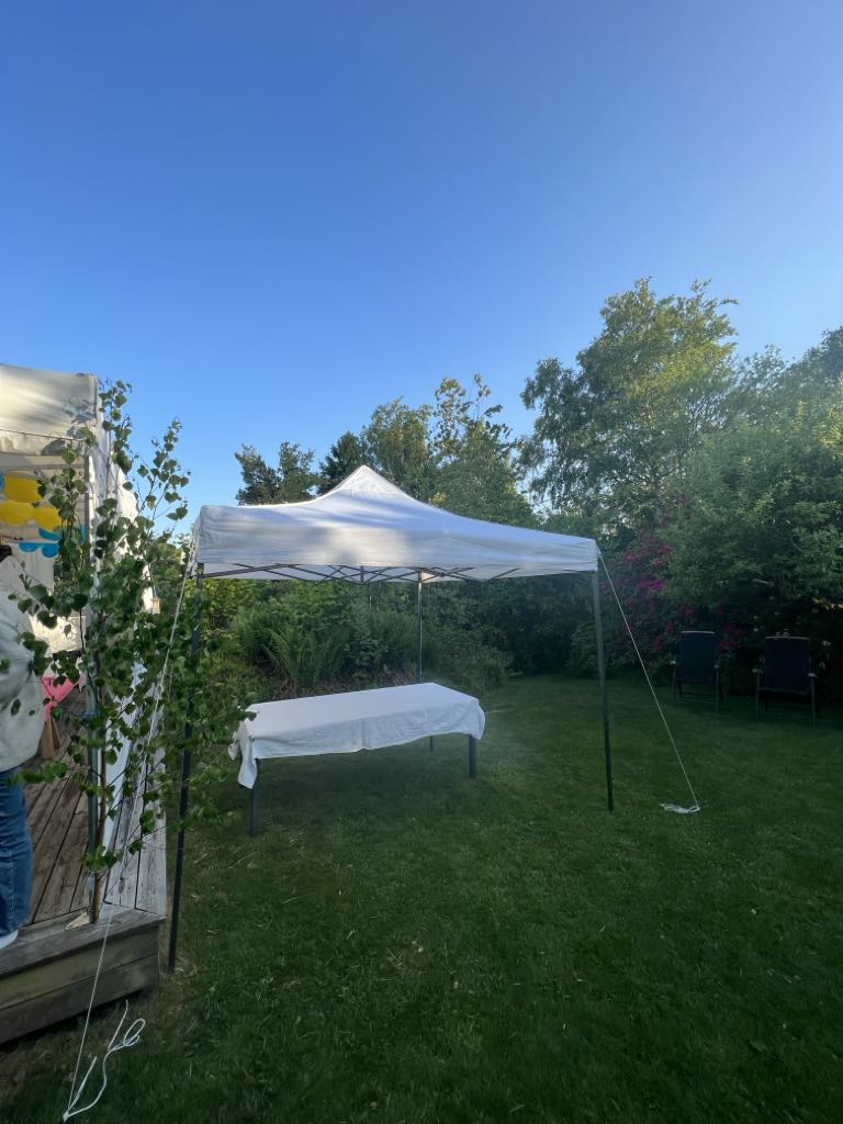Bild på partytält 3x3 uppsatt i en tomt.
